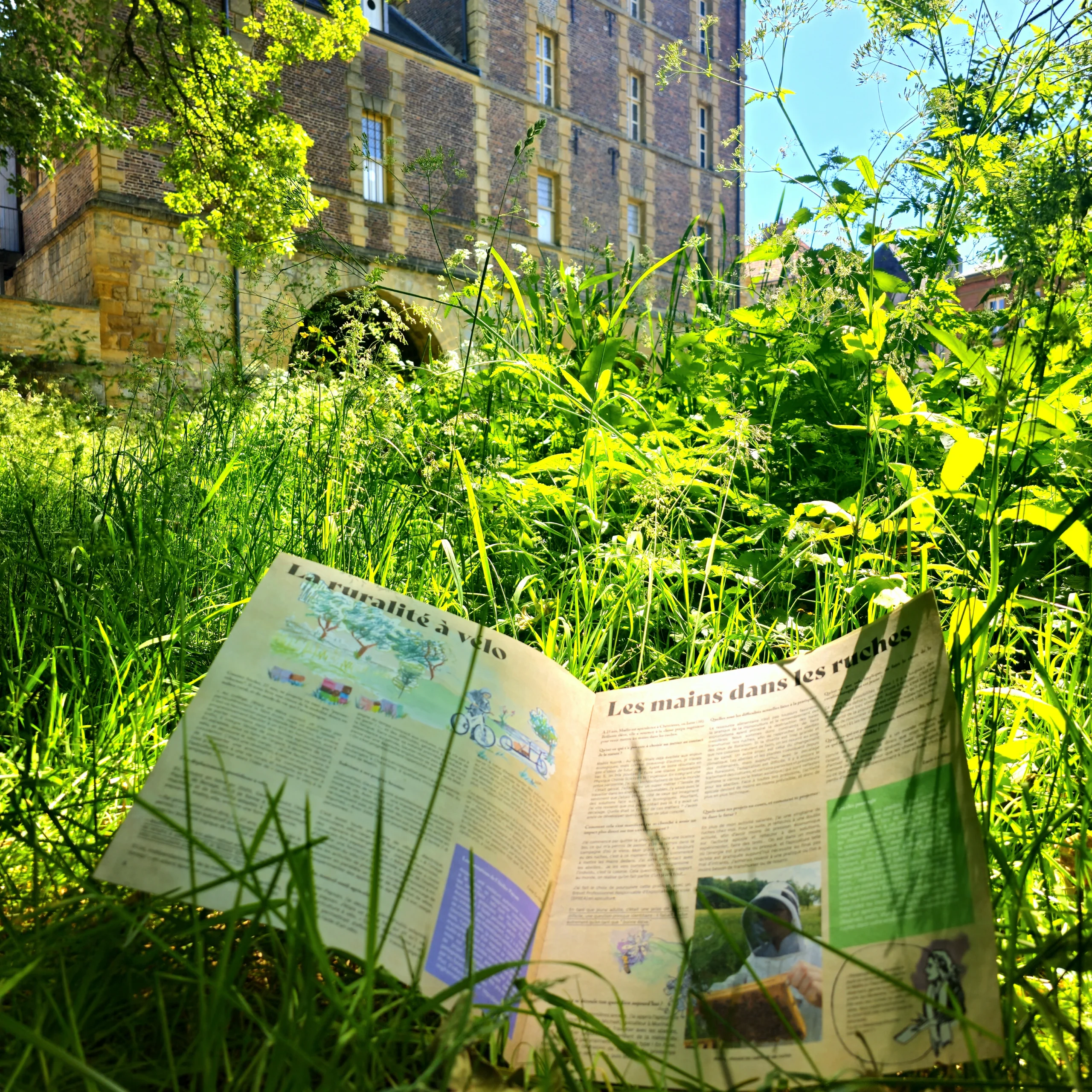 Double page de La Relève : articles sur la ruralité à vélo et l'apiculture, posée dans les hautes herbes avec un bâtiment historique en fond.